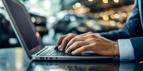Poster - Businessman typing on laptop with car in background. car insurance. car sales, car service. 