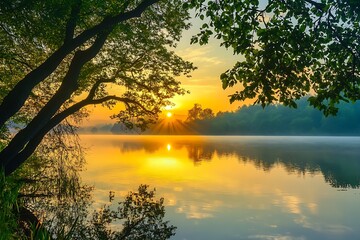 Sticker - Sunrise Over a Misty Lake with Trees