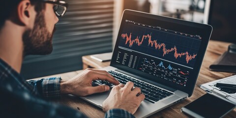 Poster - Businessman trader investor analyst using laptop analytics for financial market analysis.