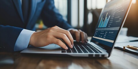 Poster - business man hand working on laptop computer financial with graphic graph chart diagram