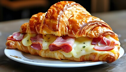 Wall Mural - Savory golden croissant overflowing with melted cheese and ham