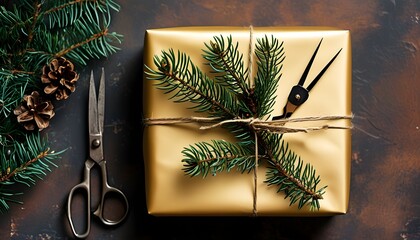 Sticker - Christmas tradition featuring a gold-wrapped gift adorned with a pine sprig and scissors for elegant wrapping details