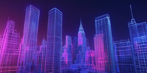 Canvas Print - Building rooftop and skyscrapers with futuristic city wireframe hologram. 