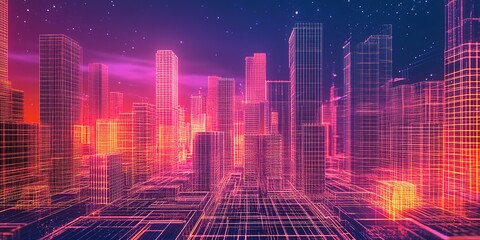 Wall Mural - building rooftop and skyscrapers with futuristic city wireframe hologram.