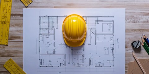 Poster - Blueprint floor plan architectural project on the table with yellow helmet and pencil 