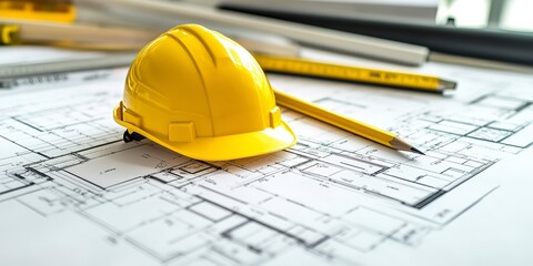 Poster - Blueprint floor plan architectural project on the table with yellow helmet and pencil 