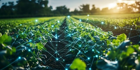 Wall Mural - blockchain in agriculture: a farm using blockchain for supply chain tracking, with data points float