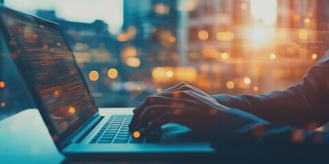 Poster - background blur office screen virtual icons computer laptop working businessman concept management document erp hand copy icon professional symbol folder company marketing typing display 