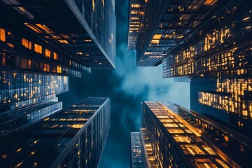 Sticker - Looking Up at Skyscrapers in City at Night, Urban Architecture Photography