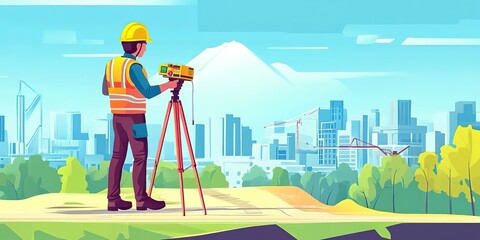 Canvas Print - An inspector in a helmet uses a geodetic device to focus the terrain for future construction according to the project. World surveyors day concept. -