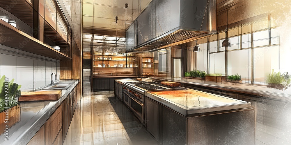 An abstract sketch design of an interior kitchen is rendered in 3D ...