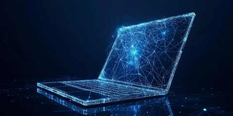 Poster - An abstract laptop design is presented in a low poly style, featuring a blue geometric background with wireframe light connection structures in a modern 3D graphic concept.