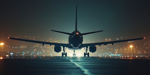 Canvas Print - Airplane departure from the ground, flying up in the air on an airport during the evening or night, front view photography. Commercial aircraft flight transport, takeoff or landing