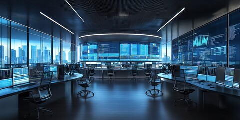 Poster - Advanced trading floor with multiple screens displaying dynamic financial data in a high-tech office.