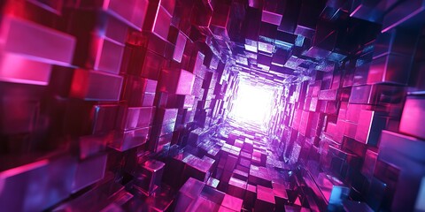 Poster - abstract 3d futuristic glowing geometric tunnel background with blocks