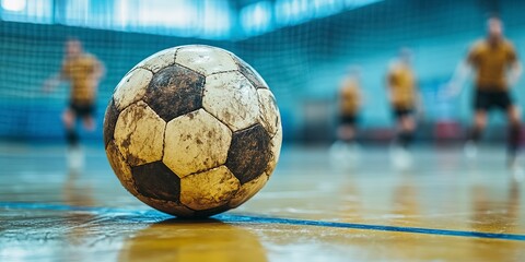 Wall Mural - A worn soccer ball rolls on a smooth gym floor while players engage in an exciting indoor soccer match in a sports facility