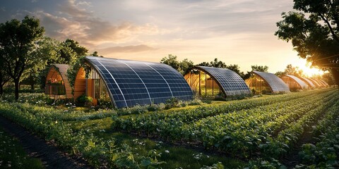 Canvas Print - A sustainable farm showcasing the innovative agrivoltaics concept, where solar panels are harmoniously integrated above crops to maximize land use for renewable energy and agriculture.