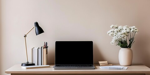 Poster - A minimalist workspace featuring a laptop with a black screen, a desk lamp, a vase with white flowers, books, and stationery on a wooden desk against a light beige wall. 