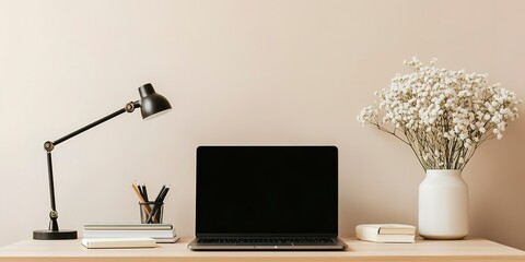 Canvas Print - A minimalist workspace featuring a laptop with a black screen, a desk lamp, a vase with white flowers, books, and stationery on a wooden desk against a light beige wall. 