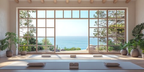 Poster - A serene yoga studio with a large window and a view of the ocean 