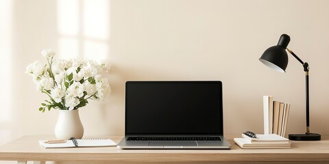 Poster - A minimalist workspace featuring a laptop with a black screen, a desk lamp, a vase with white flowers, books, and stationery on a wooden desk against a light beige wall.