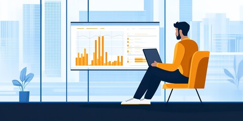 Wall Mural - A man sits with a laptop and works with a growing graph in front of a large panoramic window: increasing sales and revenue by analyzing data. Business Analytics