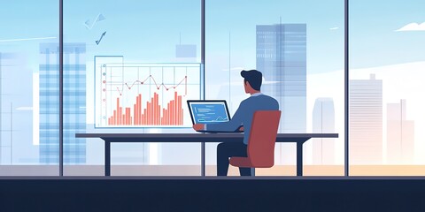 Poster - A man sits with a laptop and works with a growing graph in front of a large panoramic window: increasing sales and revenue by analyzing data. Business Analytics
