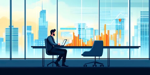 Poster - A man sits with a laptop and works with a growing graph in front of a large panoramic window: increasing sales and revenue by analyzing data. Business Analytics. 