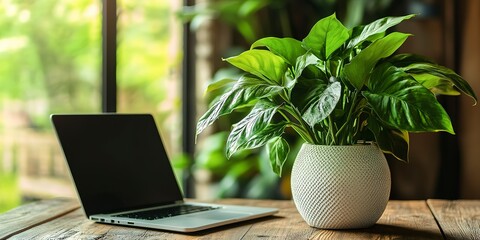 Poster - A fresh green plant with big leaves sits in a white vase on a wooden floor There is a laptop nearby creating a work from home environment This copy space image promotes eco friendly concept and tech
