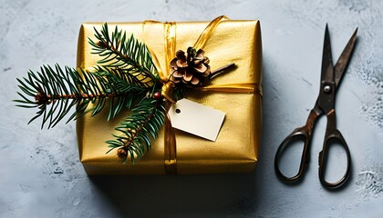 Poster - Christmas tradition featuring a gold-wrapped gift adorned with a pine sprig and scissors for elegant wrapping details