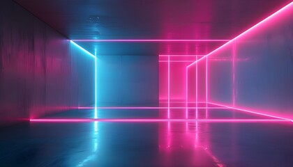 Sticker - Futuristic minimalist space illuminated by vibrant pink and blue neon lights reflecting on a sleek glossy floor