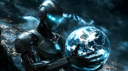 Cybernetic Guardian Holding Earth 3D Illustration