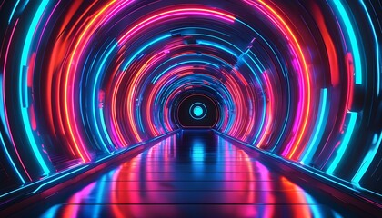 Wall Mural - Neon-lit futuristic tunnel with glowing lines leading to a circular portal, reflecting floor enhancing depth and mystery