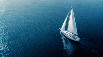 A solitary sailboat glides smoothly over the tranquil blue waters, embraced by the vastness of the open sea under a clear sky.