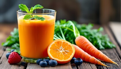 Refreshing duo of orange and carrot juice with vibrant fruit and vegetable elements