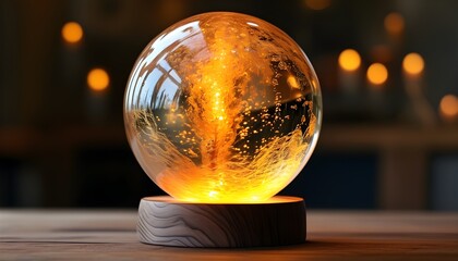 Wall Mural - Illuminated glass globe on wooden base with brass meridian, radiating warm white light for an inviting and enchanting ambiance