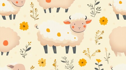 Wall Mural - Cute sheep with flowers and leaves on a light yellow background.