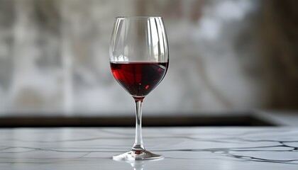 Elegant glass of deep red wine resting on a sleek marble tabletop against a softly blurred background