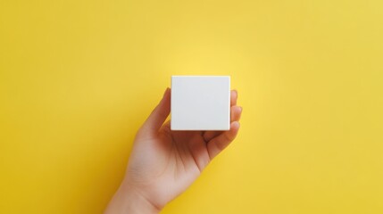 Poster - Hand Holding a White Box on Yellow Background