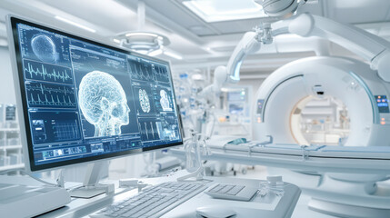 a state-of-the-art medical imaging room with a brain scan displayed on a monitor and advanced diagno