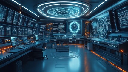 Futuristic control room with advanced technology and screens.