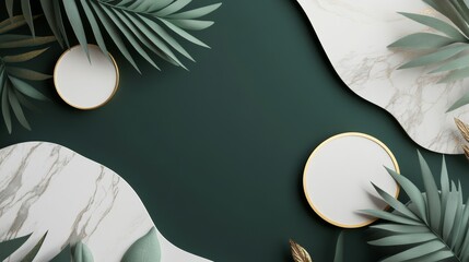 Wall Mural - Golden Frames and Tropical Leaves on a Marble and Green Background.