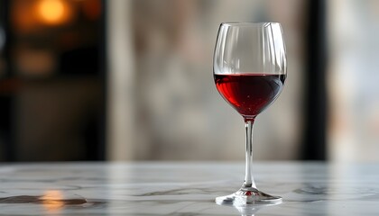 Elegant glass of deep red wine resting on a sleek marble tabletop against a softly blurred background