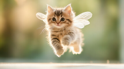 An adorable kitten with delicate fairy wings seems to be flying in a magical, light-filled setting, creating a whimsical and enchanting scene.