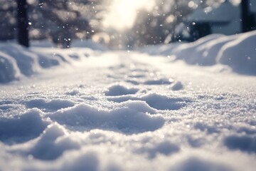 Canvas Print - Close up of footprints in fresh snow with sun shining through the trees in winter