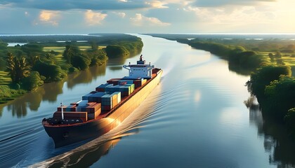 Wall Mural - Efficient River Transport: Cargo Barge Navigating Through Serene Waterways