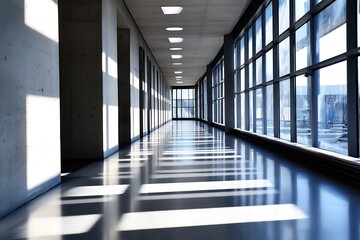 Wall Mural - Empty hallway with tiled floor and windows, minimalist modern architecture, interior design