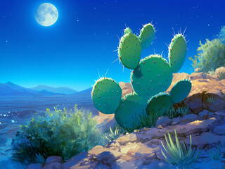 Wall Mural - Landscape with cactus. Styled like an anime or game background. Blue sky, sunset, sunrise, night, fog, snow, rain, cloudiness, autumn leaves, etc.