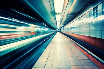 Wall Mural - Blurred motion of train in subway station platform, abstract transportation and speed concept