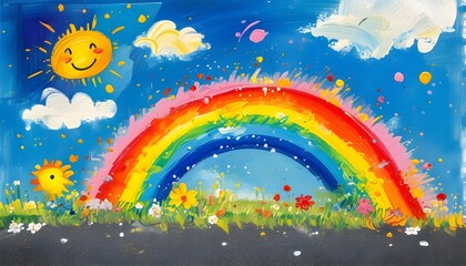 Wall Mural - Vibrant Childrens Chalk Art on Asphalt Showcasing Imagination and Fantasy in a Rainbow of Colors